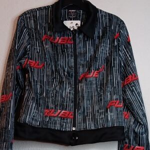 FUBU Women's Black and Red Patterned Bomber Jacket